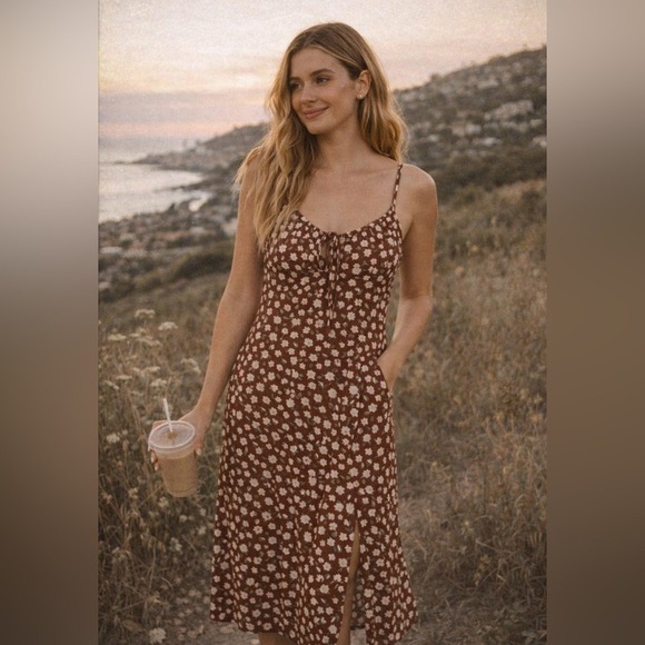 Hollister Floral A-Line Midi Dress Brown White Scoop Neck  Tie XS Cottagecore - Picture 2 of 8